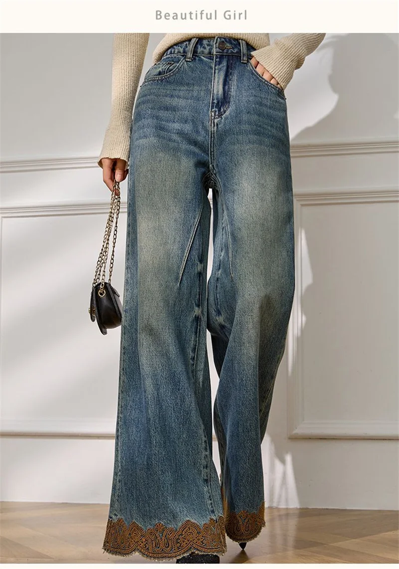 2026 秋冬ファッション刺繍花柄ストレートデニムパンツレディースルーズハイウエストカジュアルワイドレッグジーンズレディースパンツ