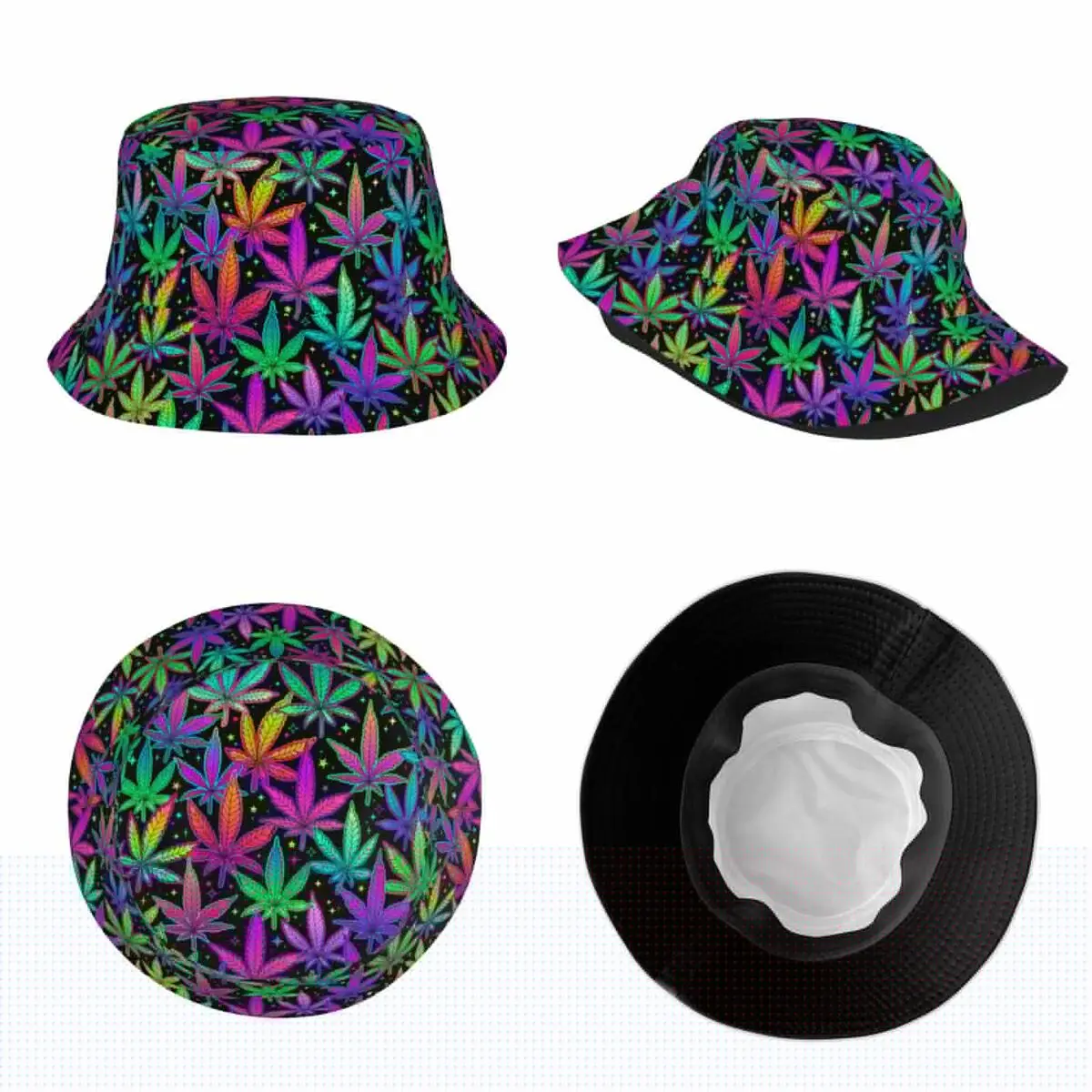 Weed Rainbow Plant Leaves Cannabis Bob Hat Marijuana Neon Field Panamka Hat Unique Design
