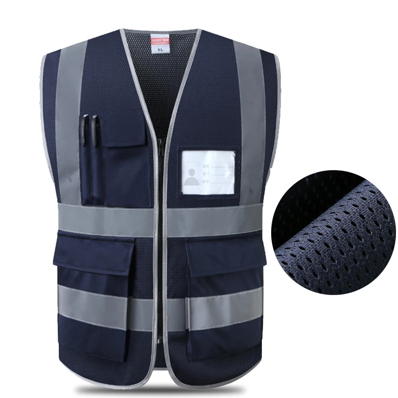 Gilet réfléchissant de sécurité bleu marine, vêtements de sécurité pour la construction, gilet de travail noir à poches multiples