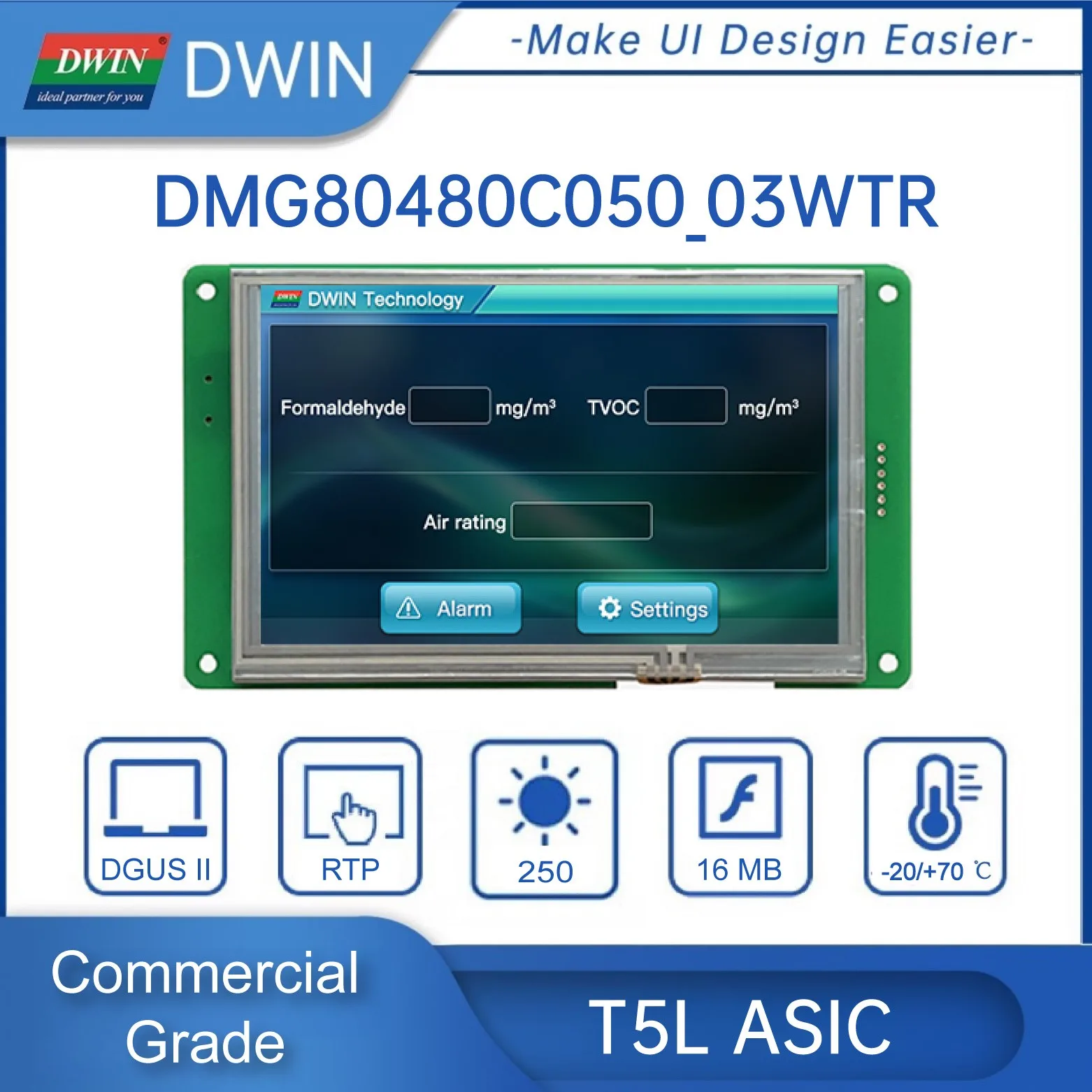 DWIN 5.0 Inch HMI Intelligent Module, LCD Display, 800*RGB*480, Reserved WIFI/USB Interface  - DMG80480C050_03WTC