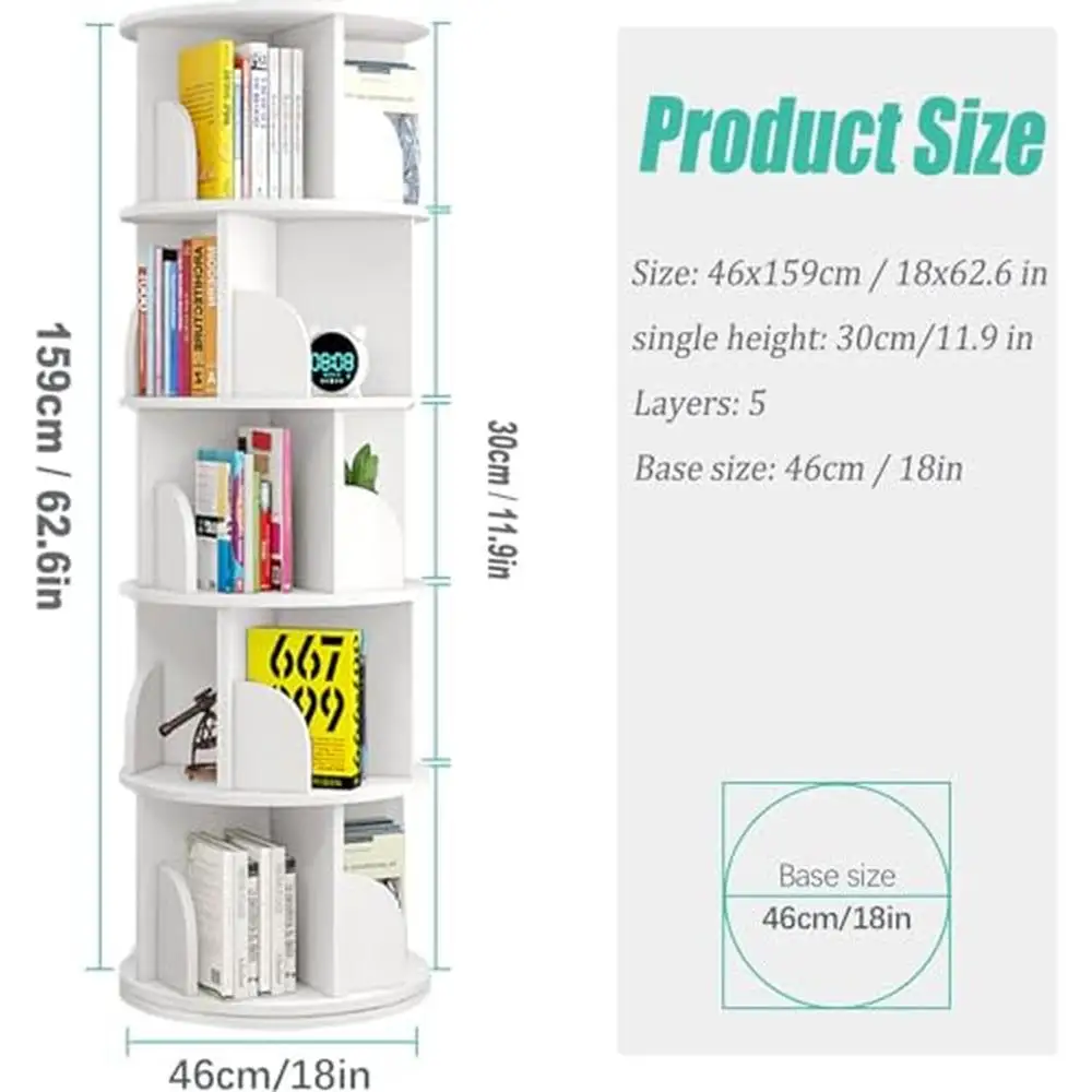 5 Tier Rotating Bookshelf Tower Floor-standing Bookcase Display Spinning Shelf Narrow Corner Organizer Storage Rack Home