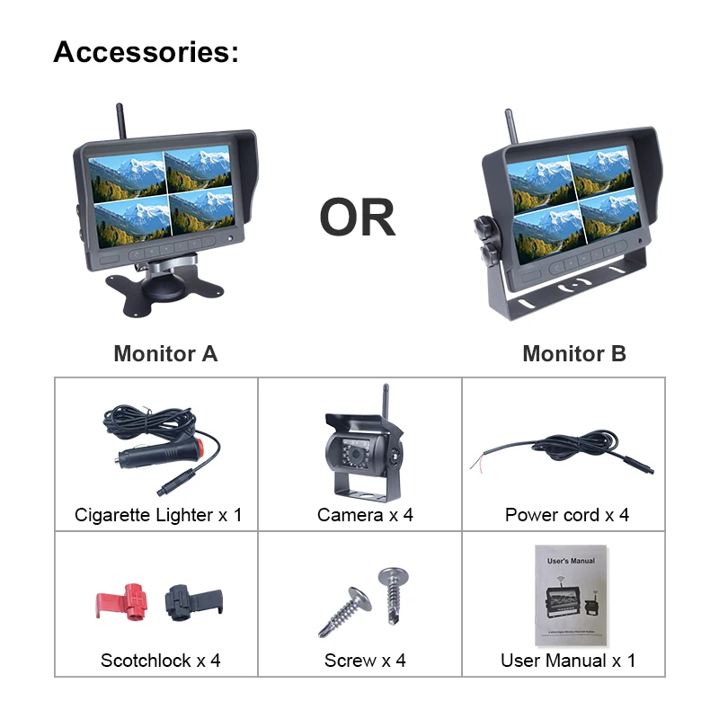 نظام احتياطي عكسي للحافلة الشاحنة اللاسلكية 4 قنوات 7 بوصة AHD لشاحنات السيارات والحافلات ومقطورات السفر RV