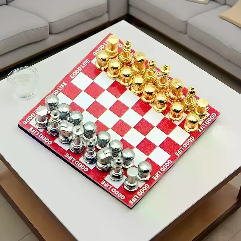 Miniature Red Table Chess Set, Magnetic Board Game for 1:12 Dollhouse Scene Display