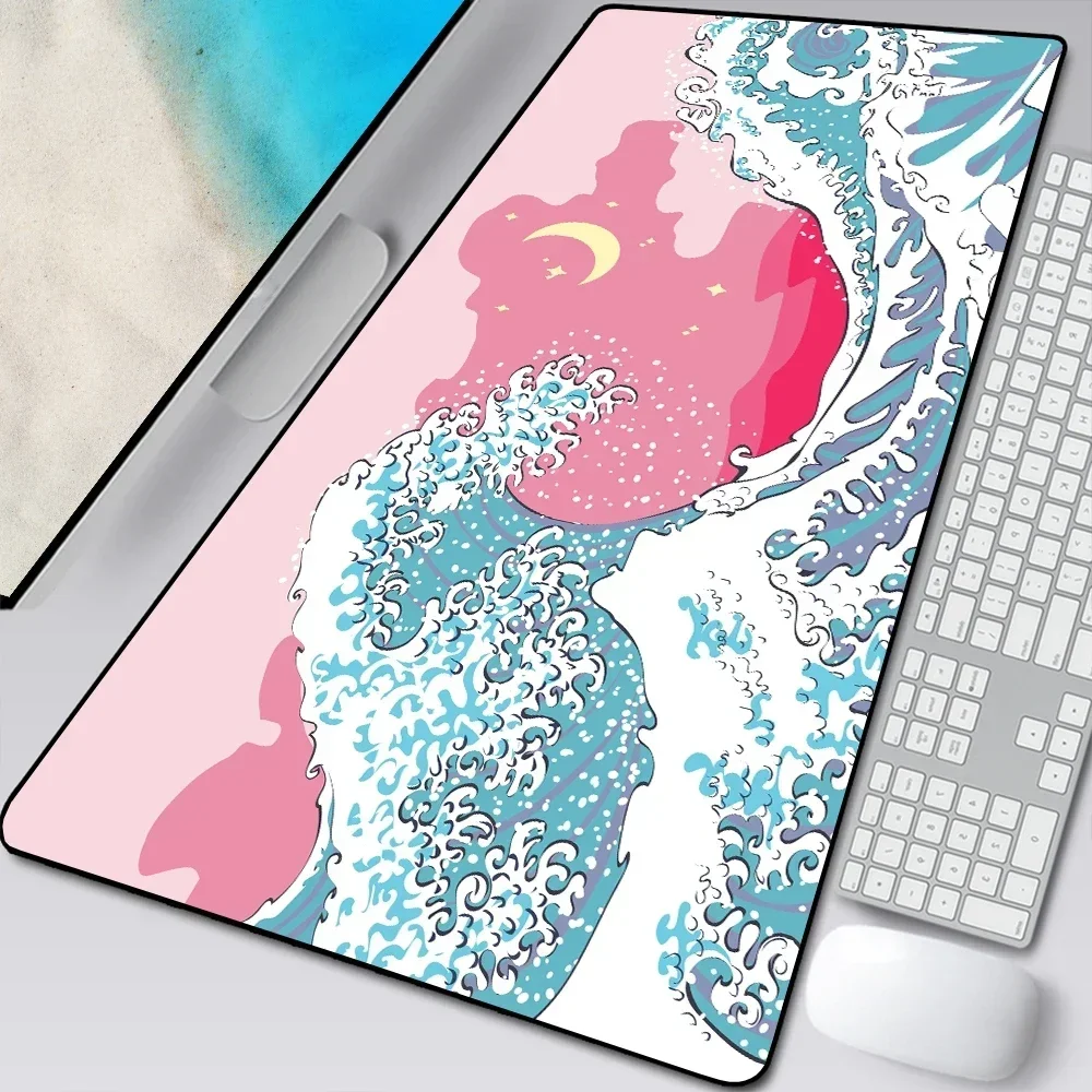 Pink Sky Great Wave and Moon Art Design Mousepad Rubber Anti-slip Keyboard Desktopmat Computer Accessories Office Supply 400*900