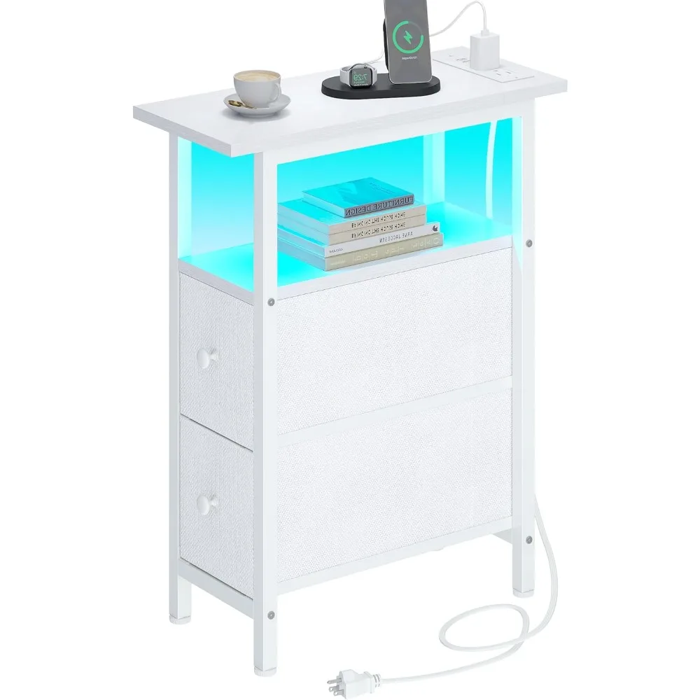 

End Table with Charging Station, Narrow Side Table with 2 Fabric Drawers, Skinny Nightstand with LED Light, Slim Bedside Table f