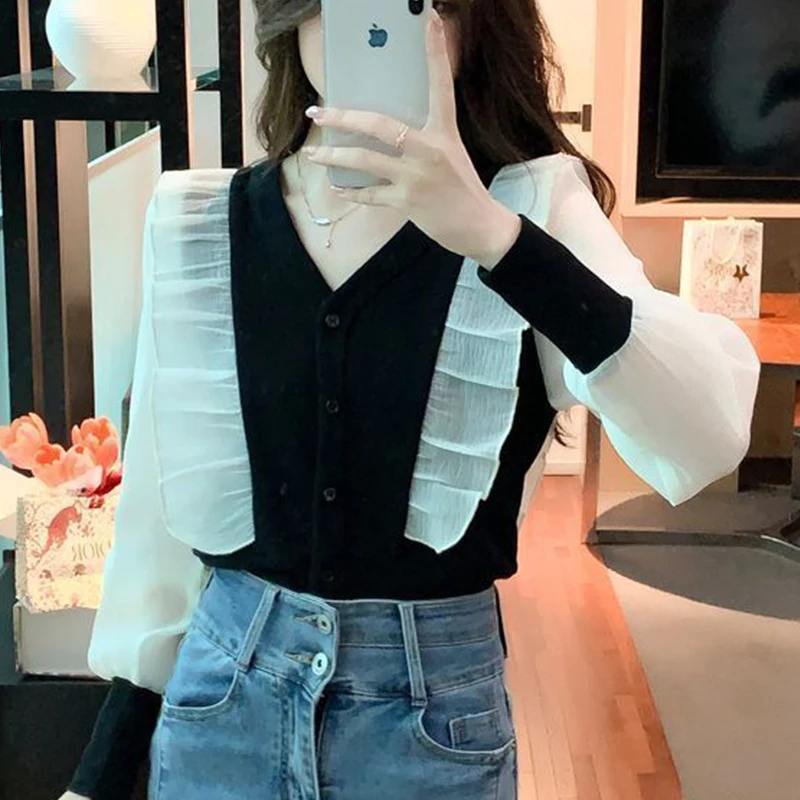 Autumn Elegant Fashion Office Lady Commuter Shirt Women All Match V Neck Long Sleeve Patchwork Button Ruffles Lantern Sleeve Top