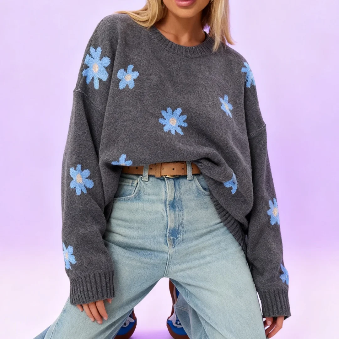 

Женский длинный свободный пуловер большого размера с цветочным принтом, модный повседневный однотонный вязаный теплый свитер на осень-зиму