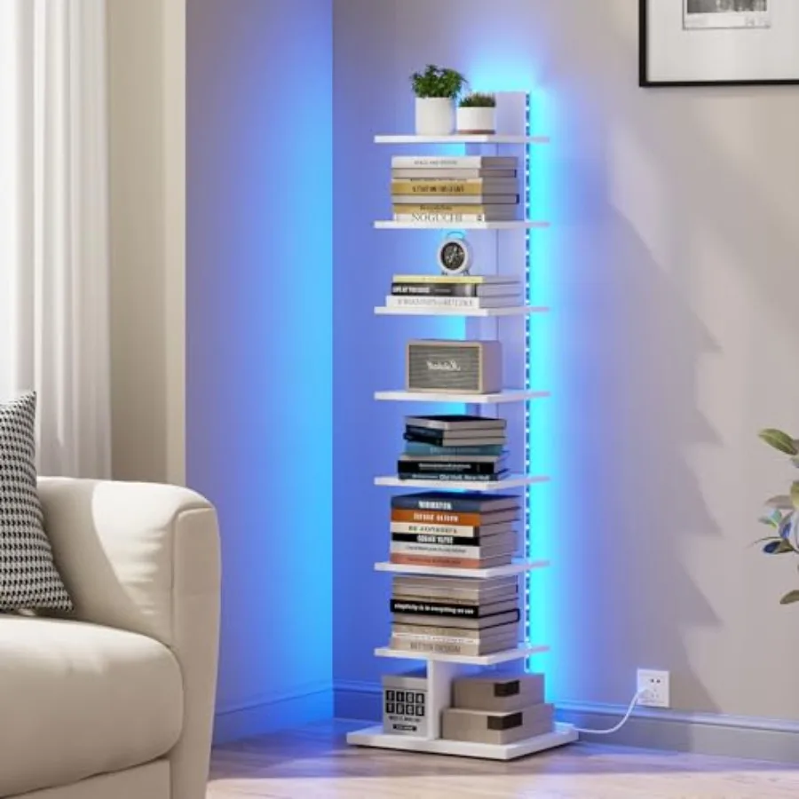 

Узкий книжный шкаф с LED-подсветкой, стеллаж для книг с подсветкой, угловой напольный стеллаж для небольших помещений, для гостиной, офиса, кабинета, прихожей BS