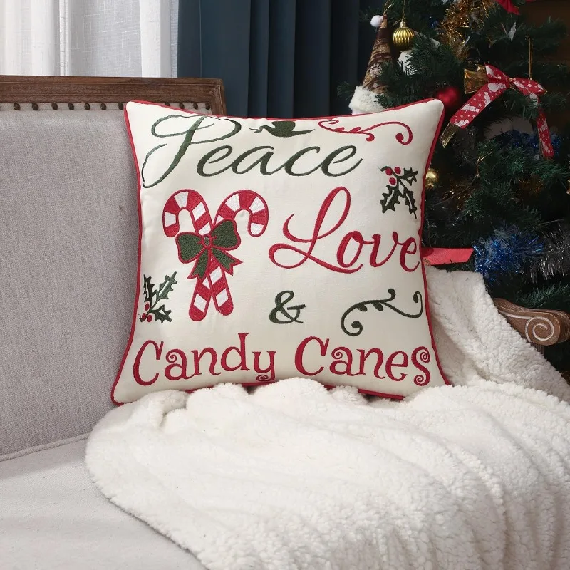 Christmas Throw Pillow Cover Peace Love Candy Canes Letter Embroidery Cushion Case Xmas Holiday Sofa Home Decor Pillow Cover
