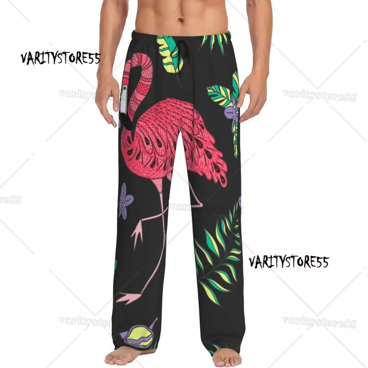 Pantalones de pijama con hojas exóticas de flamenco tropical, ropa de dormir para hombres, cintura elástica, pantalones de salón para dormir con bolsillos