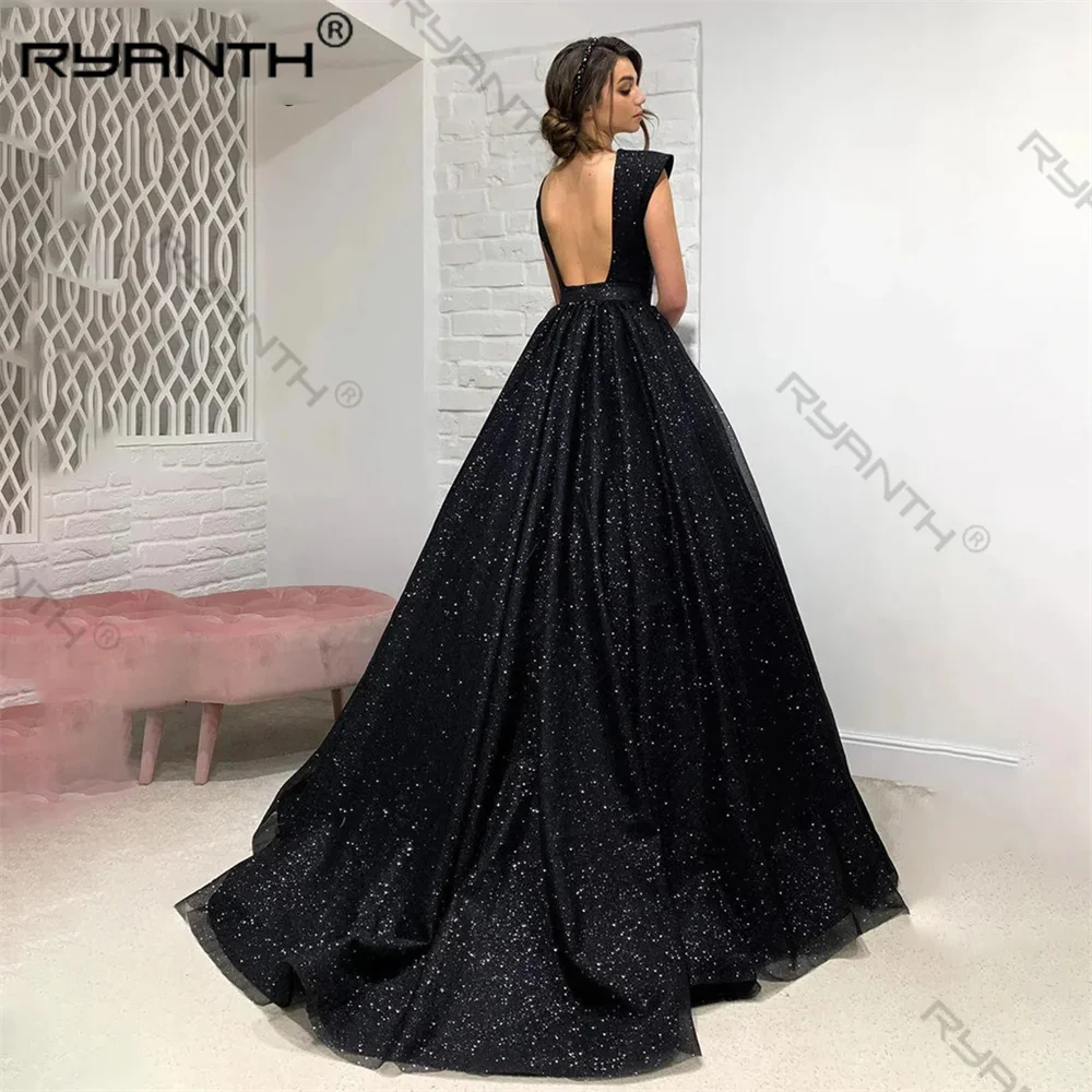 Vestido de noche con cuello en V profundo para mujer, vestido de graduación, línea A, sin mangas, brillante, para celebridades, evento especial, 2024