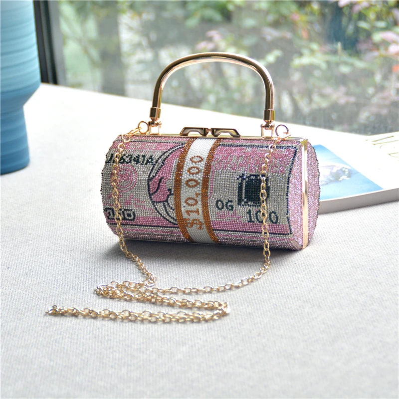 Luxury Money Clutch Rhinestone Purse 10000 Dollars Stack of Cash Evening Handbags Shoulder Wedding Dinner Bag 8 Color Wallet