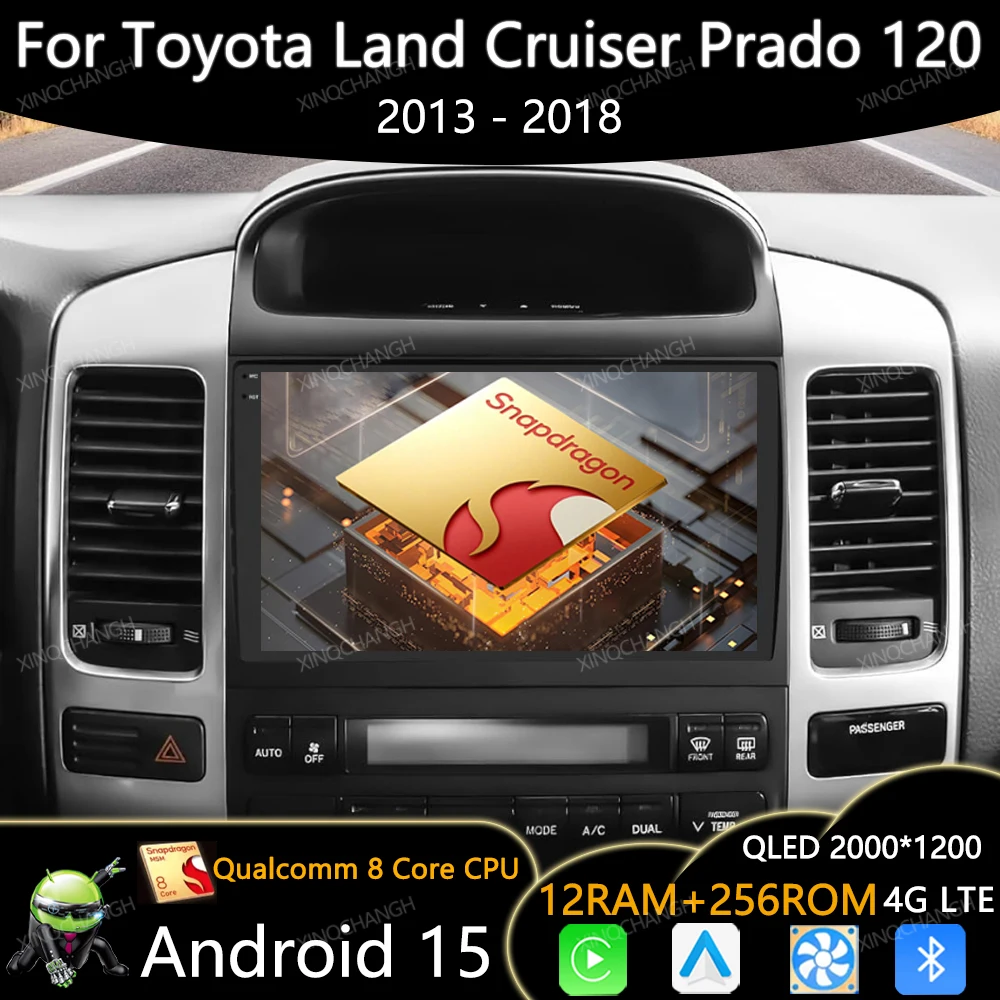 أندرويد 15 راديو السيارة لتويوتا لاند كروزر برادو 120 2004 - 2009 Carplay السيارات الوسائط المتعددة مشغل فيديو 4G WIFI QLED GPS BT 2DIN