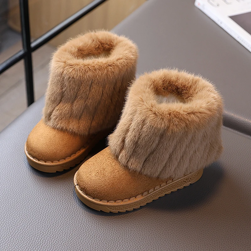 Toddler Kids Winter Snow Boots, Pleated Furry Upper, Thick Plush Lining, Non Slip Sole, Warm Ankle Boots for Cold Weather