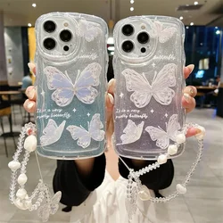 Glitter Butterfly Gradient Lanyard Case For iPhone 14 13 15 16 Pro Max 12 11 X Xr Xs 8 7 Plus Hand Wrist Chain Soft Wave Cover