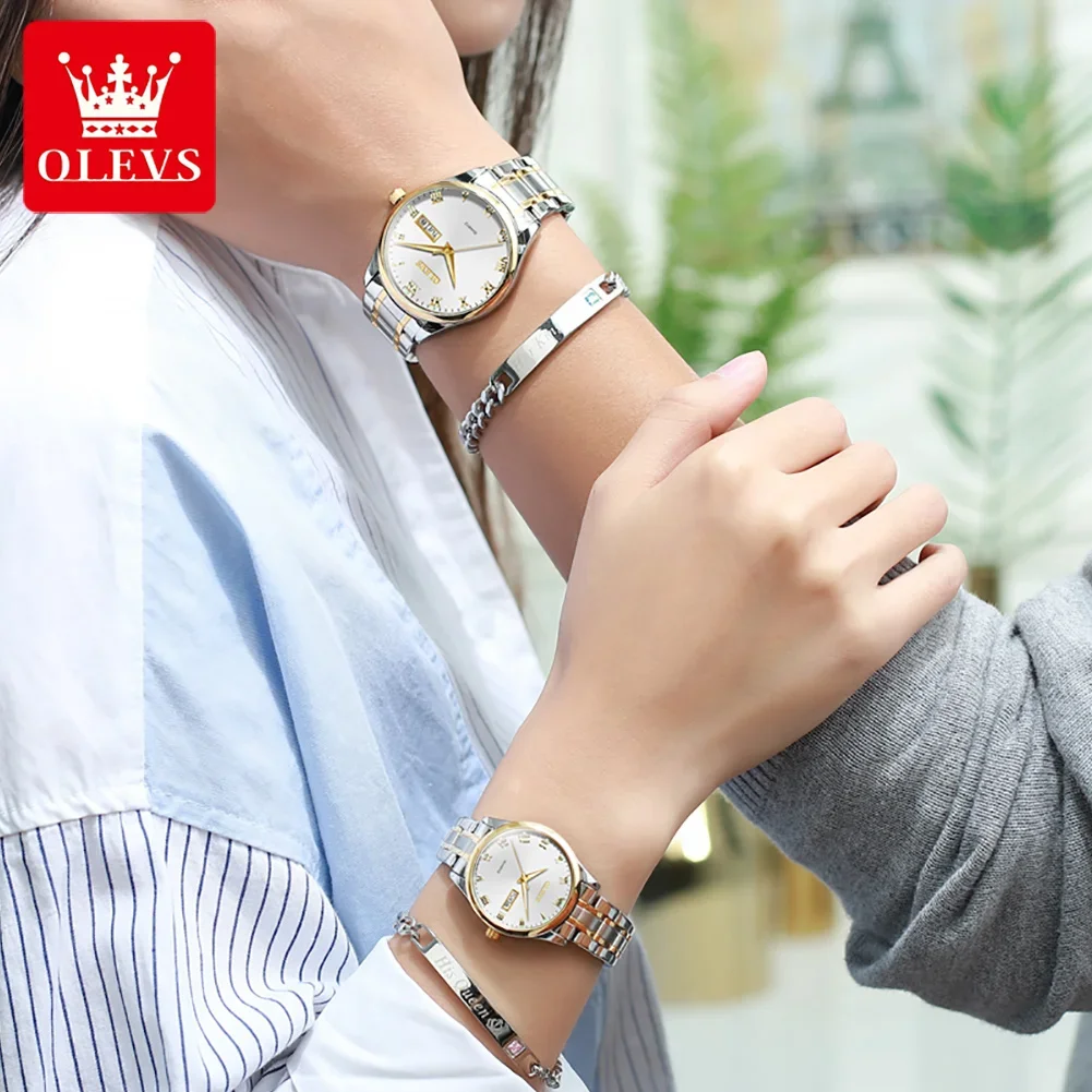 OLEVS Fashion Couple Watches Gift Box Set Date Week Double Calendar Dial Waterproof HD Luminous Lover's Casual Quartz Wristwatch