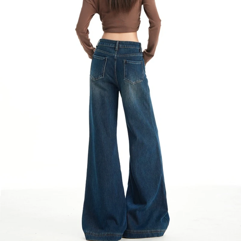 Amerikaanse stijl laag getailleerde pittige meisje grote voet uitlopende jeans dames herfst en winter losse elastische broek met wijde pijpen