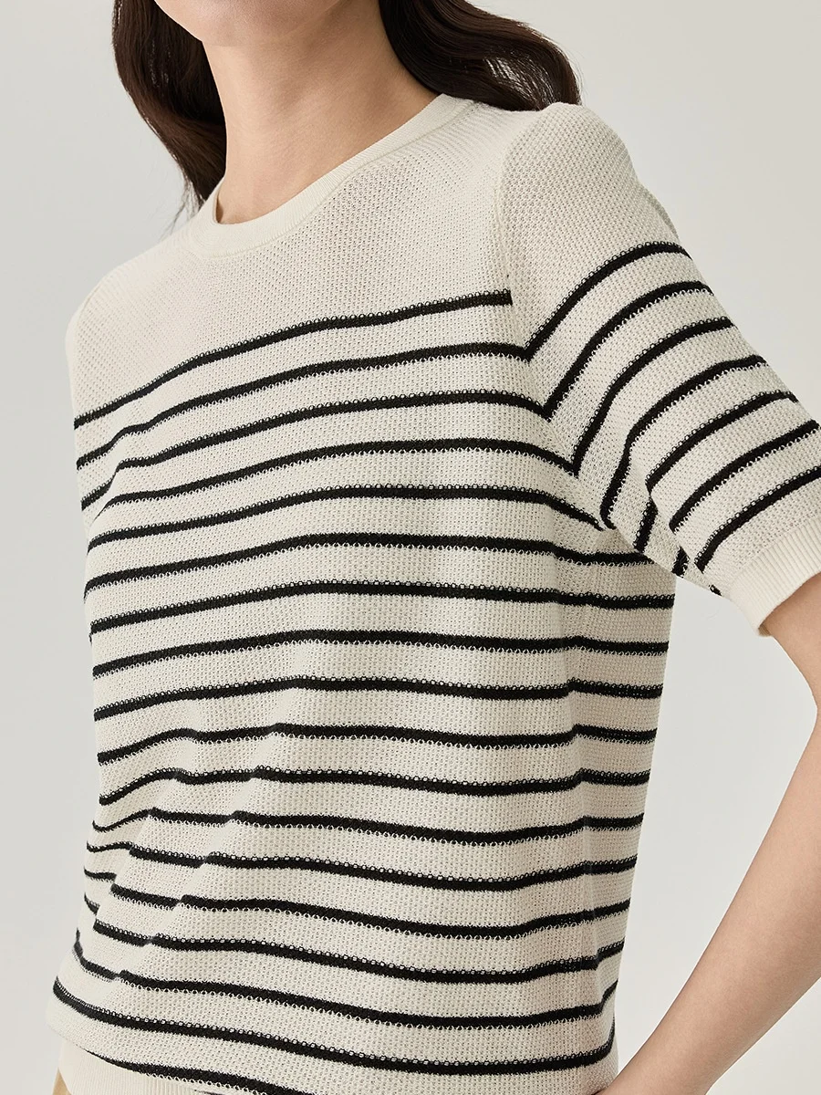 Birdtree, 70% Silk 30% Cotton T shirt, O-neck Knitted Basics Tops, Women Short Sleeve Stripe Shirt, 2026 Spring New T62238JF