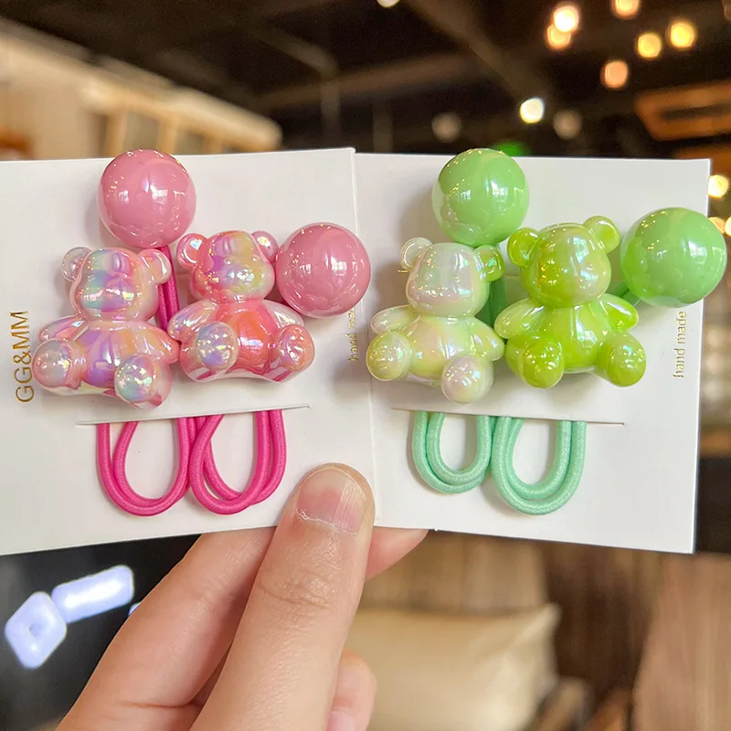 2pcs/lot Acrylic Bear Cartoon Elastic Hair Band Sets Hair Accessories Girls Handmade Hair Tie Headband Rubber Band