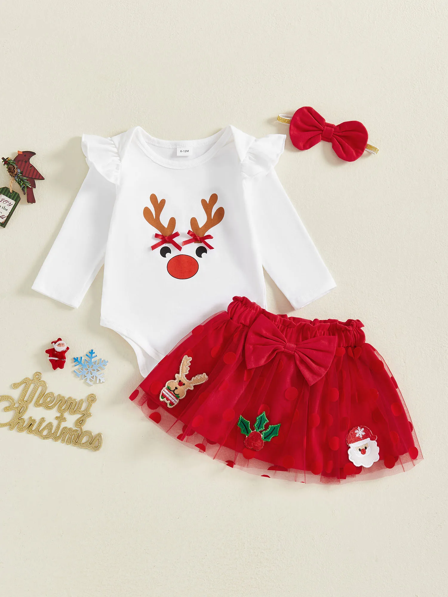 

Toddler Girls 3 Piece Set Holiday Long Sleeve Round Neck Deer Print Romper Headband Bow Tulle Skirt Outfit Kit