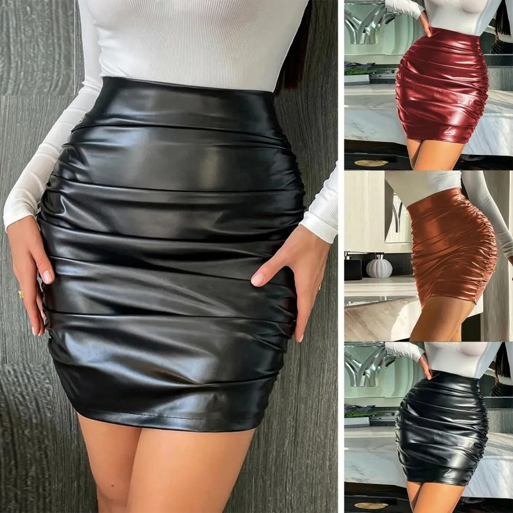 Women Short Skirt Faux Leather Skinny High Waist Slimming Skirt Elegant Pleated Zipper Smooth Lady Club Skirt Party Mini Skirt