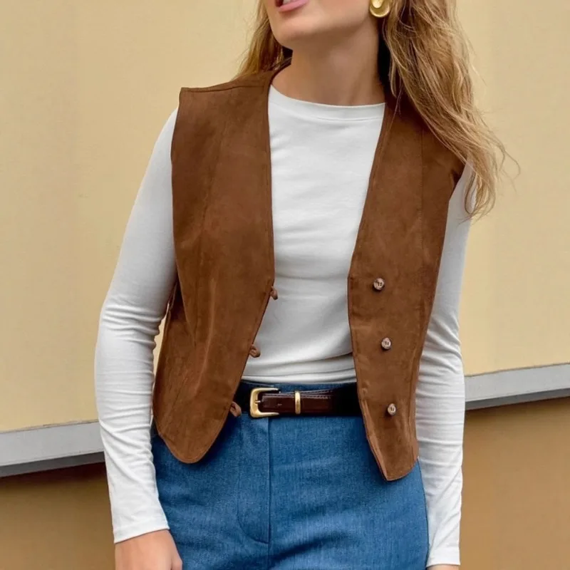 

European and American Street Retro Brown Suede Vest Women's 2026 Spring Casual V-neck Tooling Jacket Women's Clothing