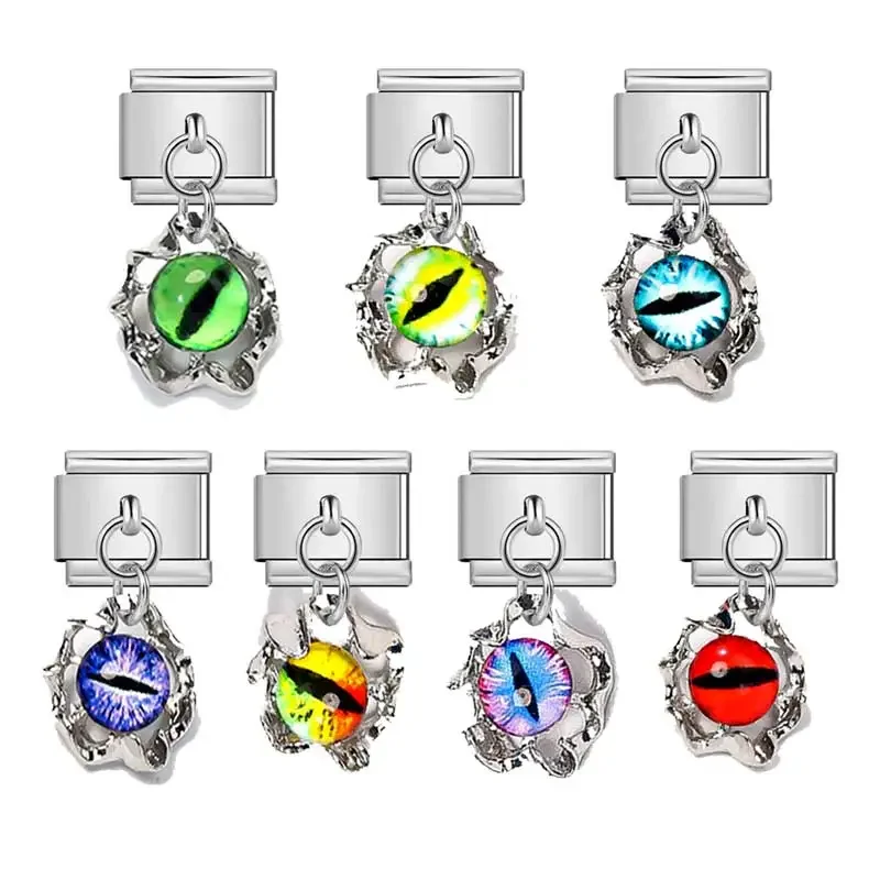 Charm Italian Stainless Steel Bracelet 9mm Module Splicing Pendant Eye Devils Dark Halloween Ornament 3D Cat Accessory