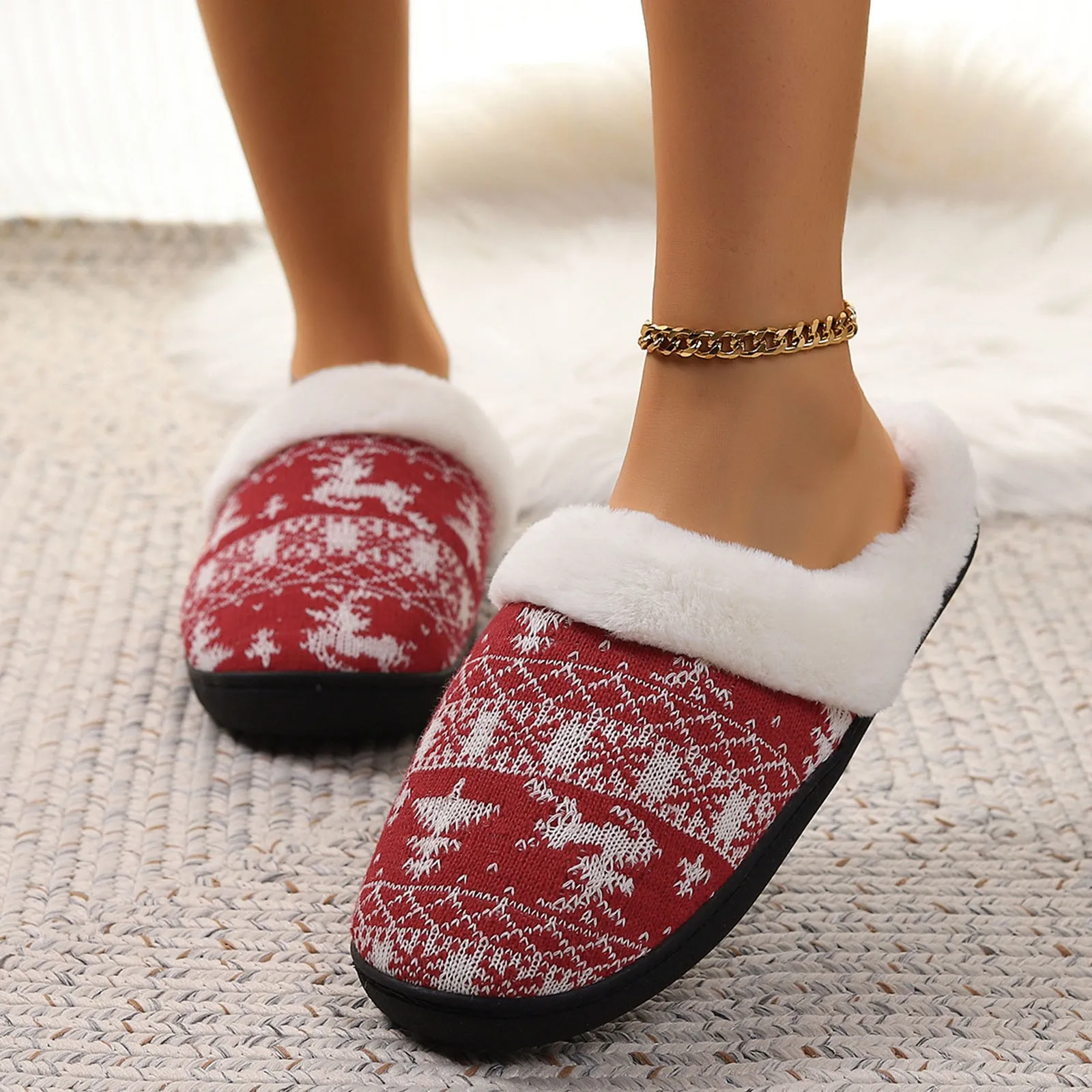 Women House Slippers Christmas Comfort Fleece Lined Winter Warm Slippers With Memory Foam Non-slip Cotton Shoe Indoor Outdoor