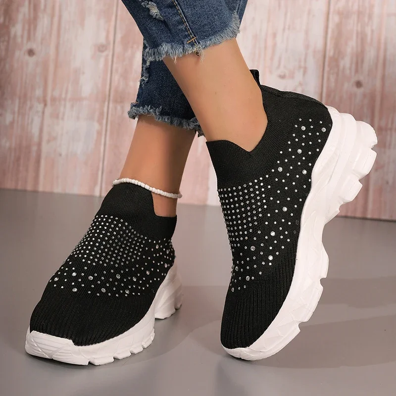 Shiny Crystal Knitted Breathable Sneakers Women 2023 Autumn Platform Running Sport Shoes Woman Plus Size 43 Slip On Casual Shoes