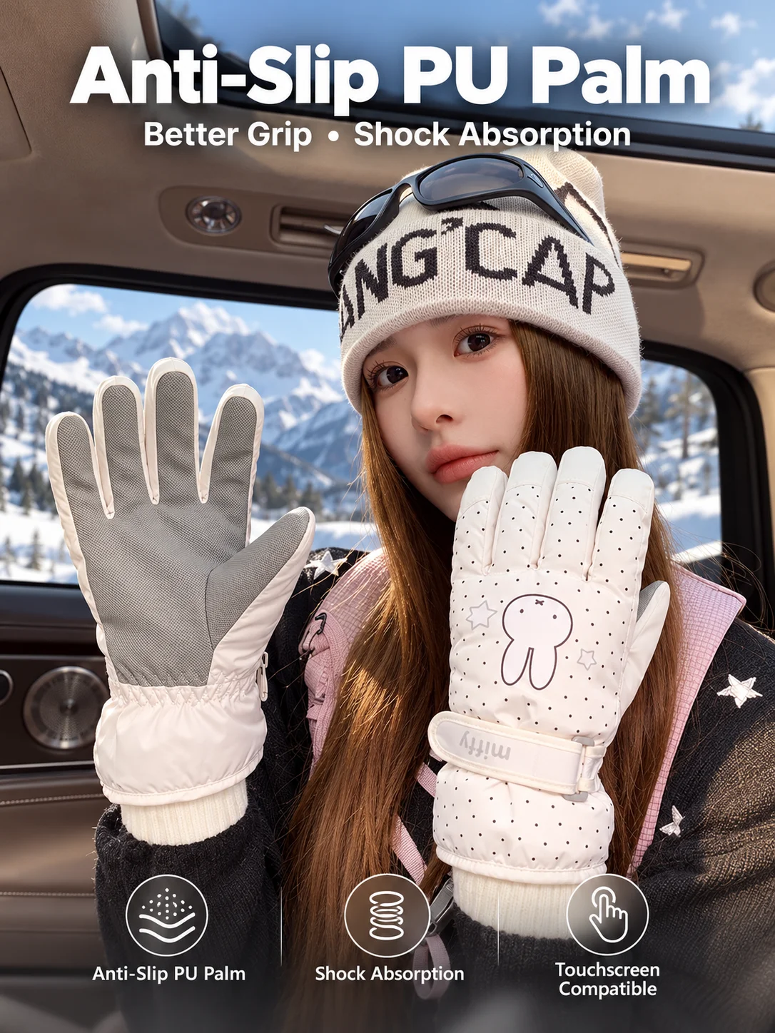 Ins New Miffy Women Winter Fleece Warm Ski Cycling Outdoor E-bike Commute Cold Proof Touchscreen Non-slip Wear Resistant Gloves