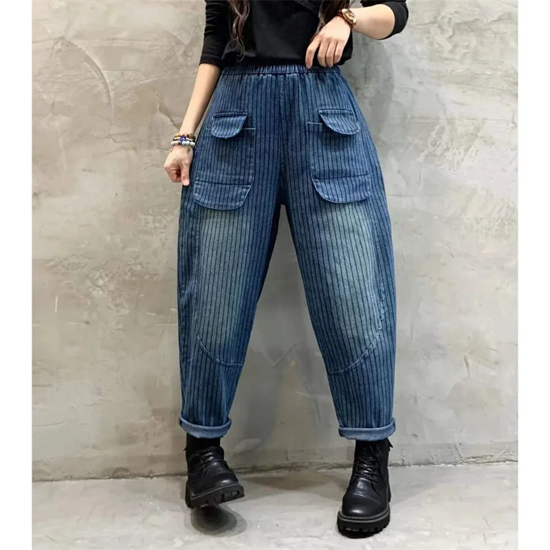 5XL Jeans 2024 Spring/Summer Fashion Printed Jeans Retro Washed Harem Pants Autumn Denim Pant Women Jeans Elastic Waist Trousers