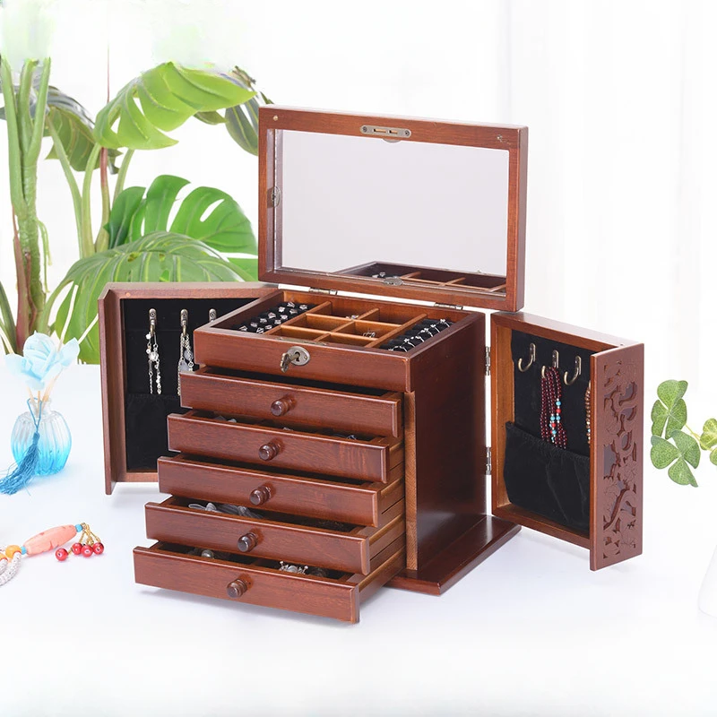 Caja organizadora de joyas para collar, estuche de madera para joyas con anillo, cajón para pendientes, pulsera, separadores de almacenamiento de plástico para exhibición