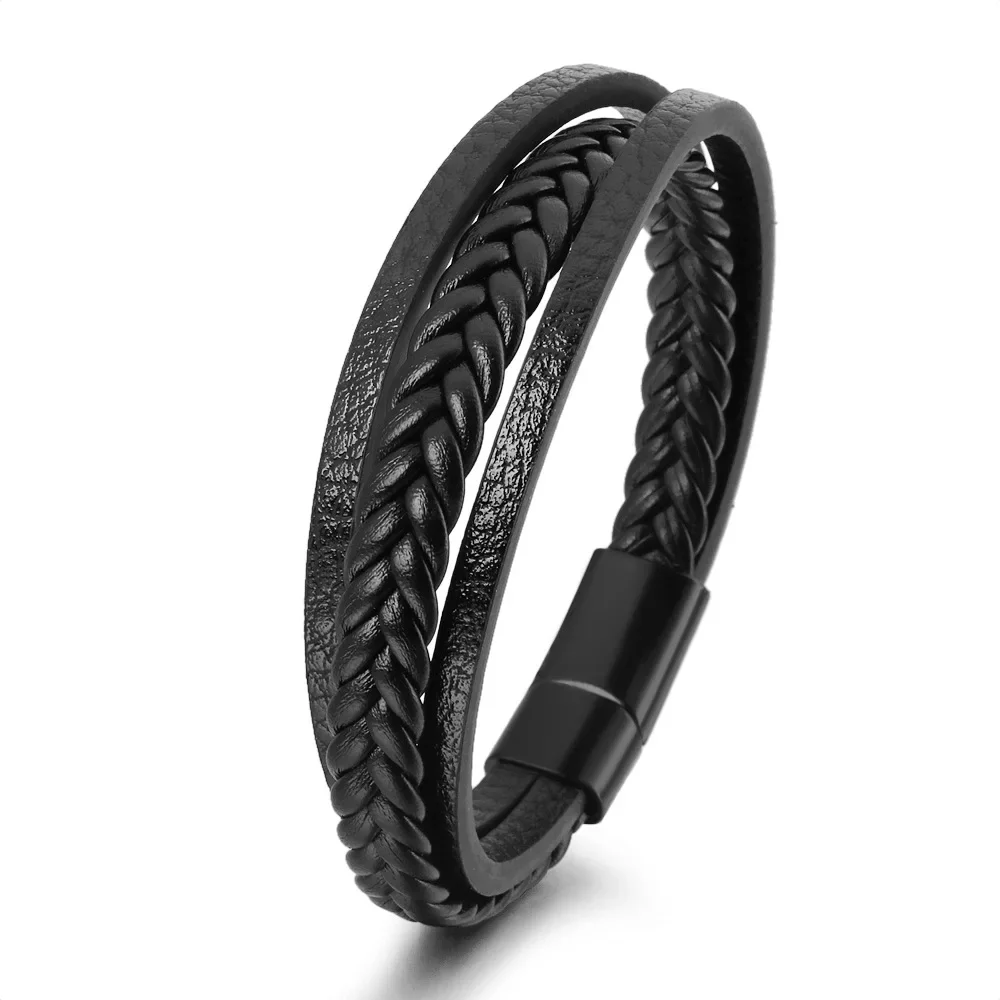 Charmsmic Vintage Tone Mens Brown Leather Bracelet & Bangles Alloy Magnetic Clasp Simple Design Multilayer Hand Jewelry