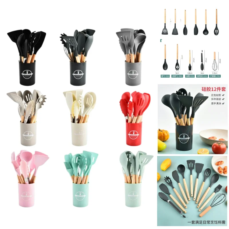 12pçs panelas de cozinha de silicone de qualidade alimentar, utensílios de cozinha, espátula, colher medidora, ferramenta prática de cozinha, conjunto de utensílios de cozinha