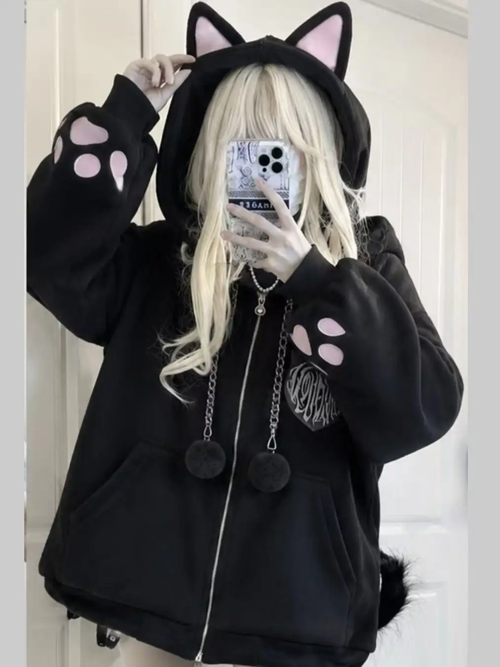 Y2K Gothic Cat Ear Hoodie Zip Front Coat Paw Cutout Sleeve Cuff Heart Embroidery Pom Pom Chain Detail Loose Fleece Outerwear