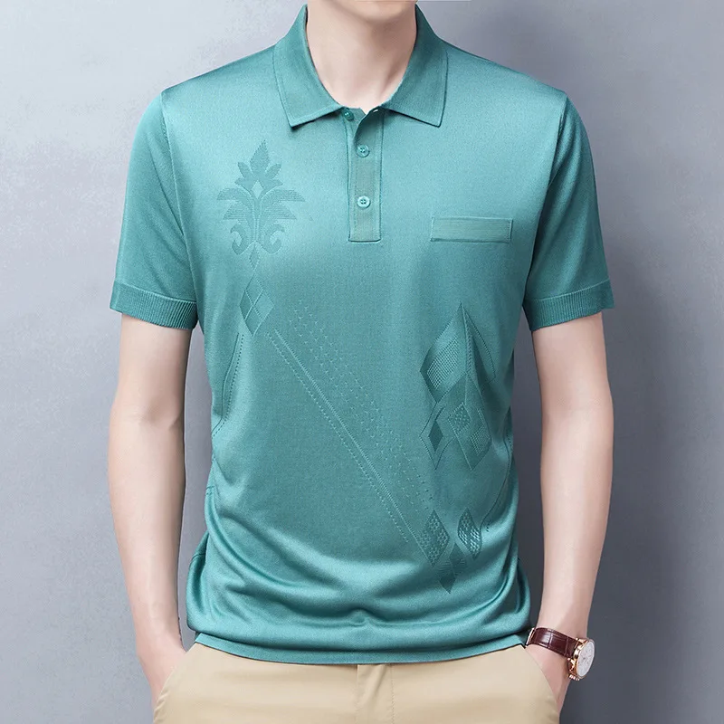 

Summer Thin Ice Silk Short Sleeve Shirt Knitted Men's Business Formal Half Sleeve T-Shirt Polyester Fiber Pure Color