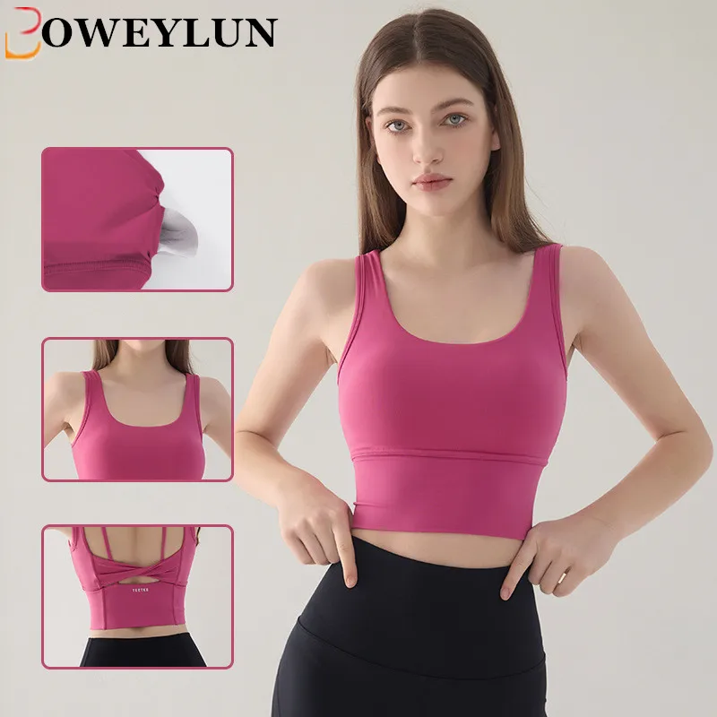 

BOWEYLUN Beautiful Back Gathering Sports Bra With Bra Pad Women Breathable Running Wear Yoga Vest Style Fitness Bras Female