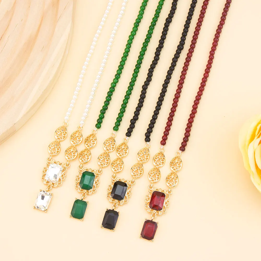 Sunspicems New Arabic Beads Chain Necklace Gold Color Square Crystal Pendant For Women Exquisite Morocco Bridal Wedding Jewelry