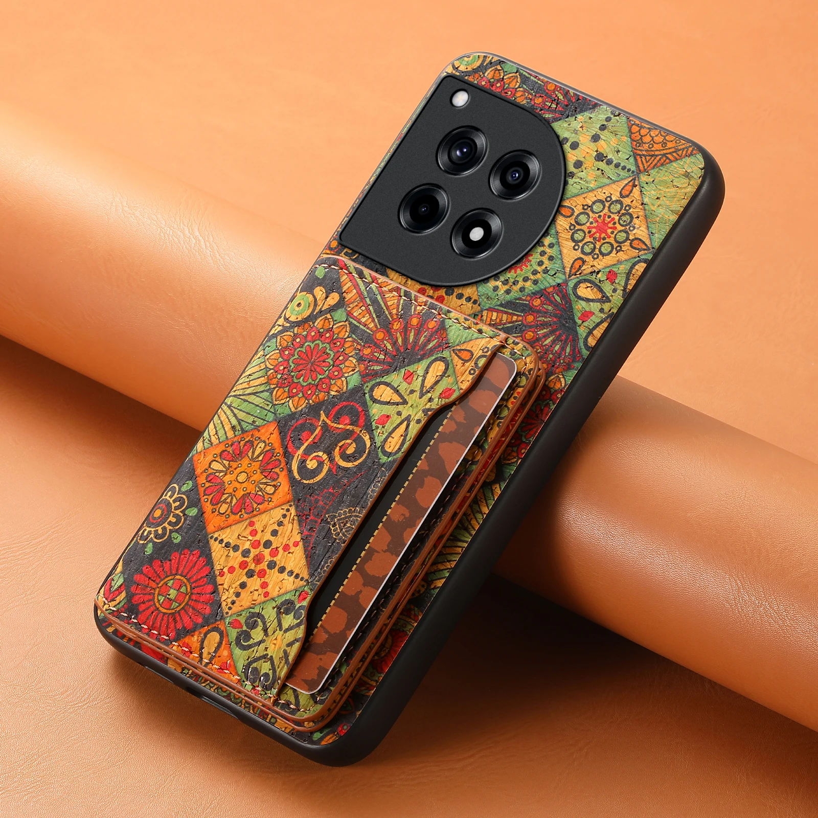 Denior Boho Floral Cork Wood Wallet Phone Case For Oneplus  13 12 11 Ace 3 Pro Ace 2V With 3 Card Slots Kickstand Non Magnetic
