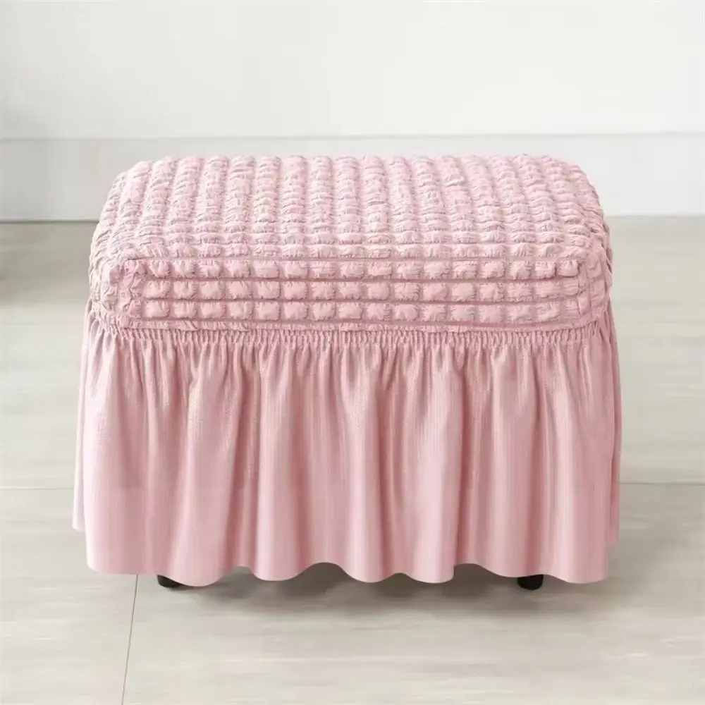 with Skirt Universal Stool Cover Solid Color Seersucker Footrest Slipcover Dust-proof Elastic Band Ottoman Protector Hotel