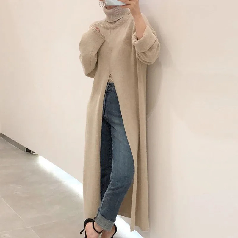 Korean Style Solid Long Sweater Women Autumn Winter New Split Turtleneck Long Sleeve Pullovers Loose All-matched Knitwear