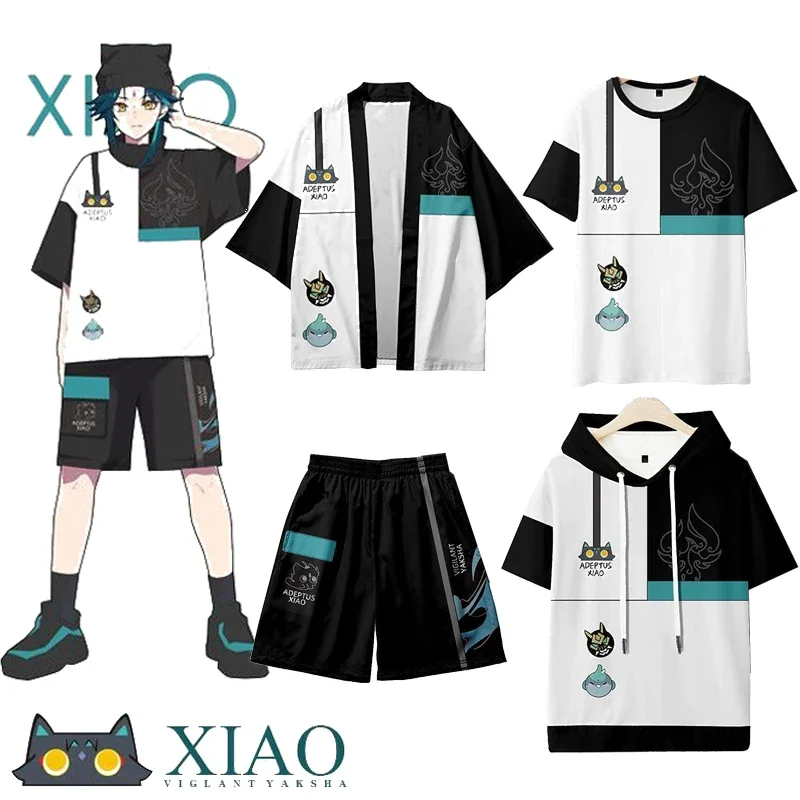 

2023 new Genshin impact Xiao cosplay T-shirt and shorts kimono set summer short sleeve haori cloak streetwear Harajuku pant tops