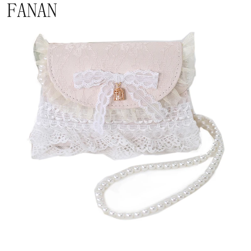 

Lolita Women's Handbags Japanese Style Lace Pearl Chain Top-Handle Bag White Elegant and Sweet Crossbody Shoulder Bags Women