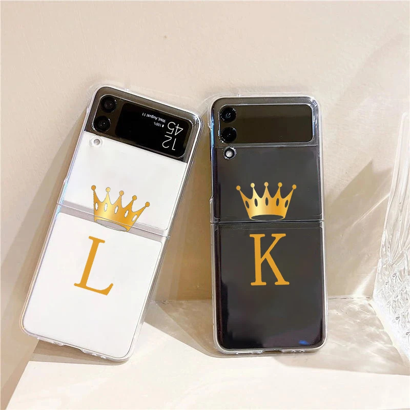 Crown Letter A To b Fashion Phone Case For Samsung Galaxy Z Flip 3 4 5 6 7 Hard Folding Z Flip4 Clear PC Cover Protector Gift