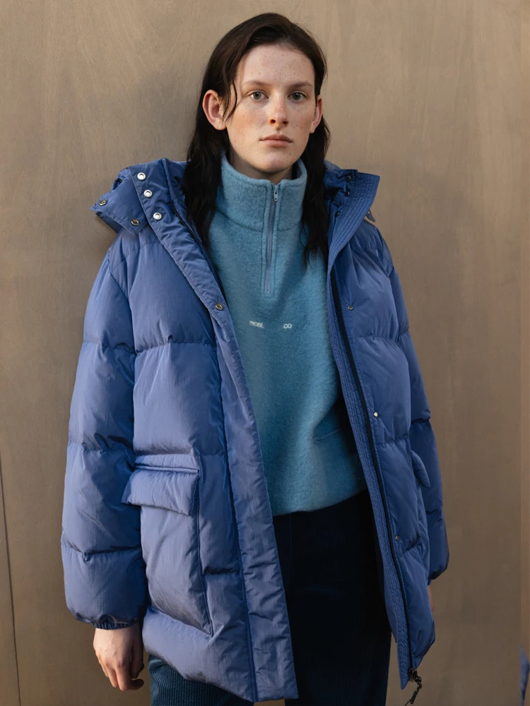 

Lerobe Pure Color Fleece Lined Mid-Length Jacket Stand Collar Large Pocket Spring New Style Women's Korean Style down Coat