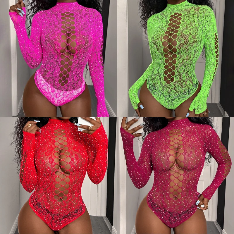 New Green Tights Festival Couple Red Bodysuits Rhinestone Shiny Fishnet Body Suit Women's Sexy See-Through Lingerie Bodystocking