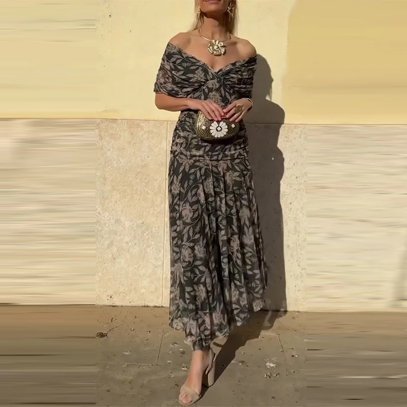 Mulheres bat manga balanço vestido de festa feminino peito baixo cocktail a linha vestido 2025 floral impressão cintura alta plissado vestido de festa elegante