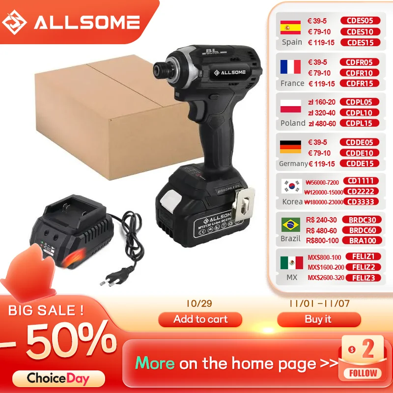 

Allsome Brushless 21V 1/4 Hex Impact Driver, Includes 3.0Ah Lithium Battery and Charger