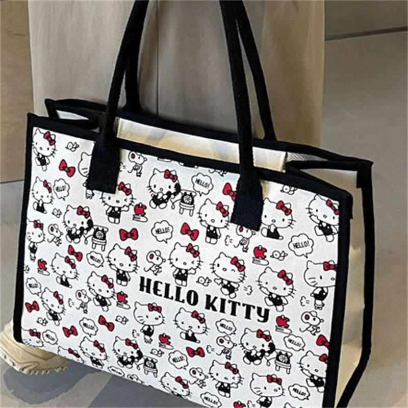 Hello Kitty All Match Retro Canvas Bag Women Commuter Shoulder Handbag Girl Student Large Capacity Cartoon Schoolbag