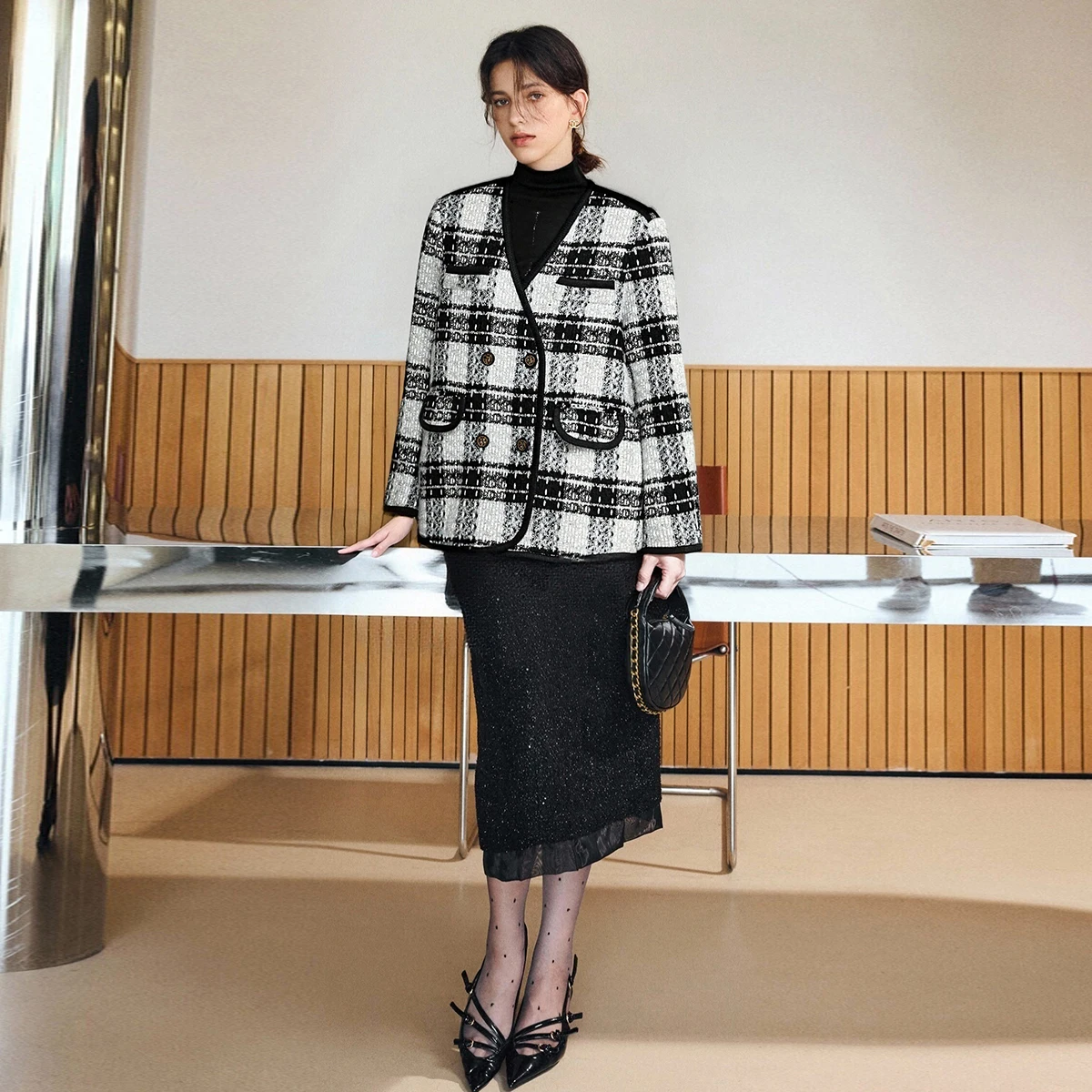 OLrain femmes mélanges vestes 2025 automne nouveau en hiver col en v manteaux élégant trajet ample Plaid vêtements d'extérieur femme G23DN65988